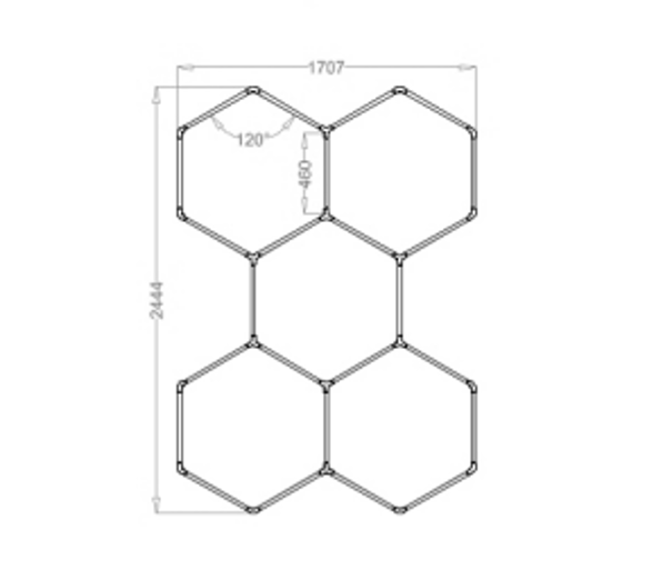 SGCB RGB hexagon-ljós, 5 einingar – málsetning 2444 × 1707 mm